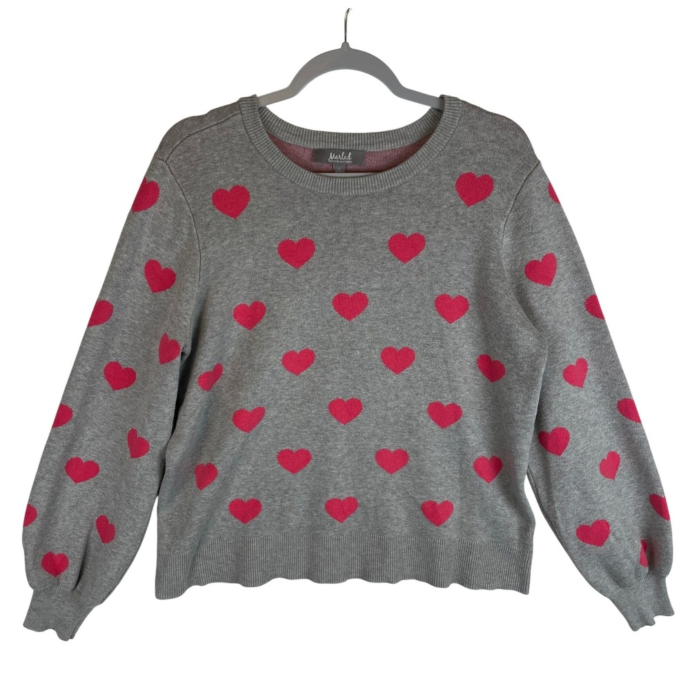 Marled Reunited Clothing Gray Pink Hearts Sweater Women's Size L Balloon Sleeve